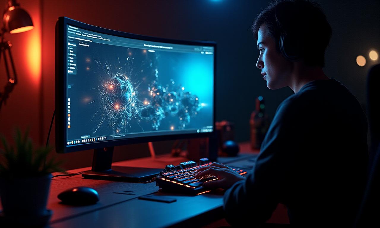 Un artista digital trabajando en una escena 3D compleja con proyecciones de luz y sombra dramáticas, simbolizando la creación de mundos inmersivos.