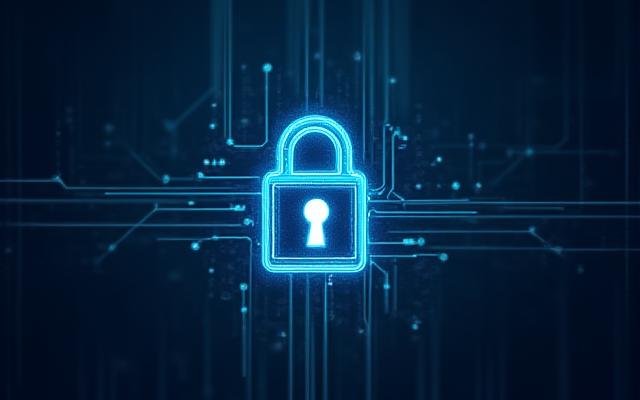 Un candado digital estilizado en un entorno de red seguro, simbolizando la protección de datos y la privacidad online.
